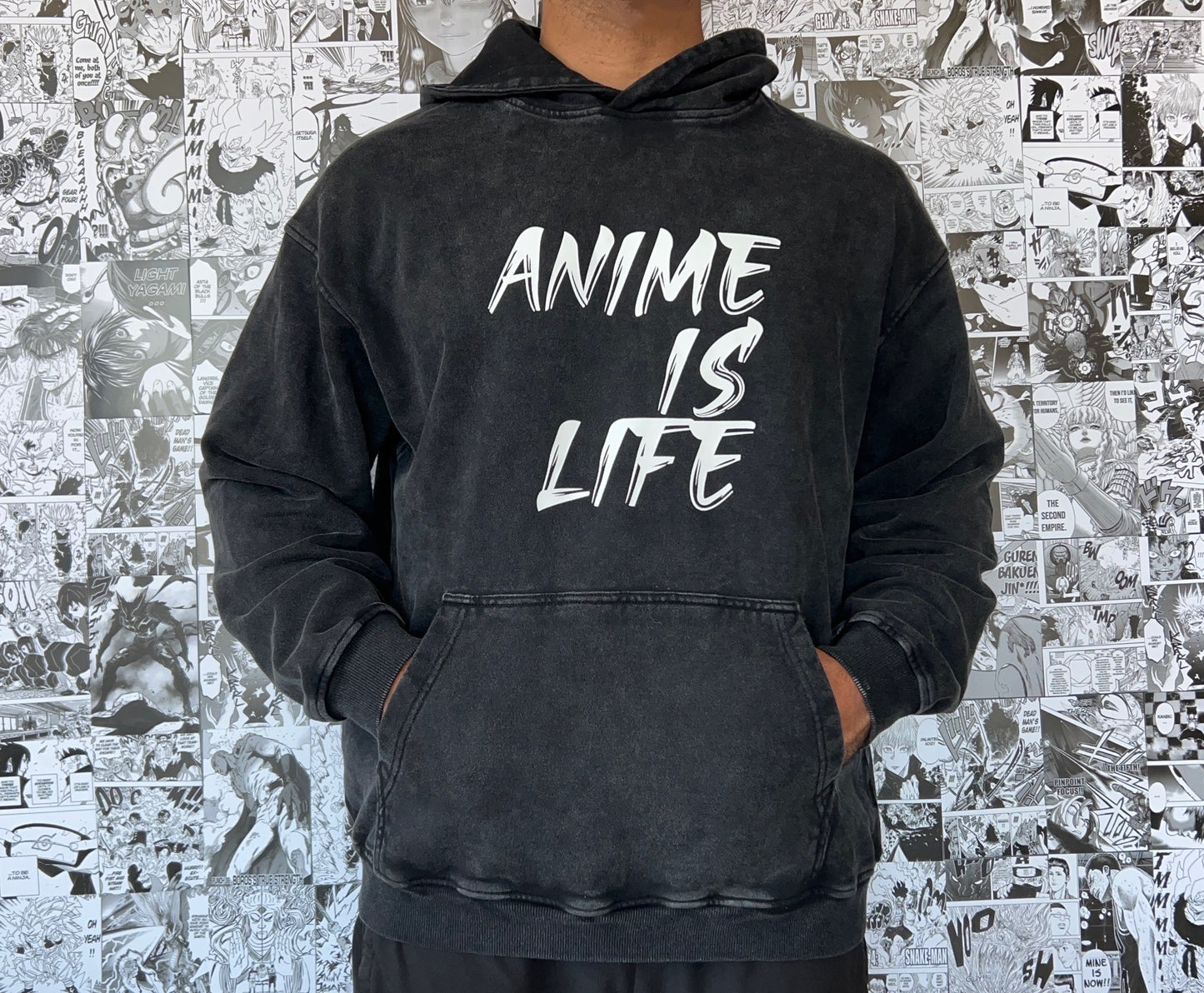 ANIME IS LIFE Black Acid Wash Hoodie