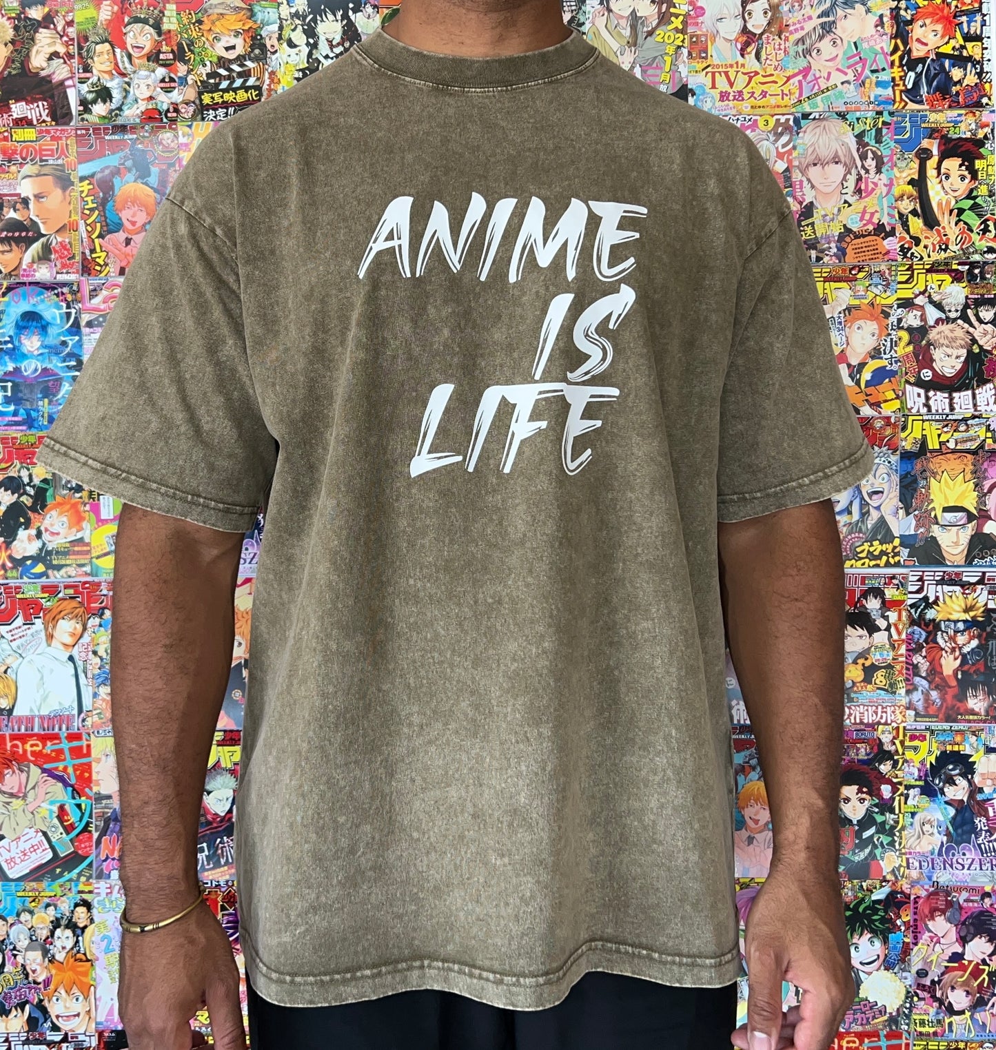 ANIME IS LIFE Olive Acid Wash T-Shirt