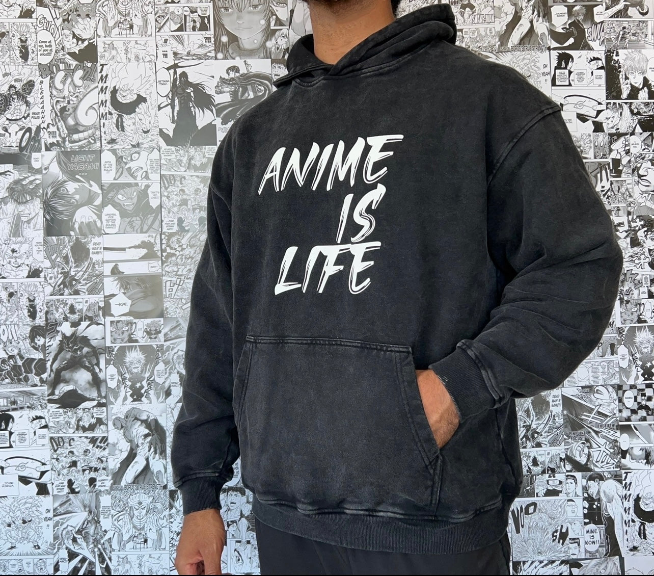 ANIME IS LIFE Black Acid Wash Hoodie