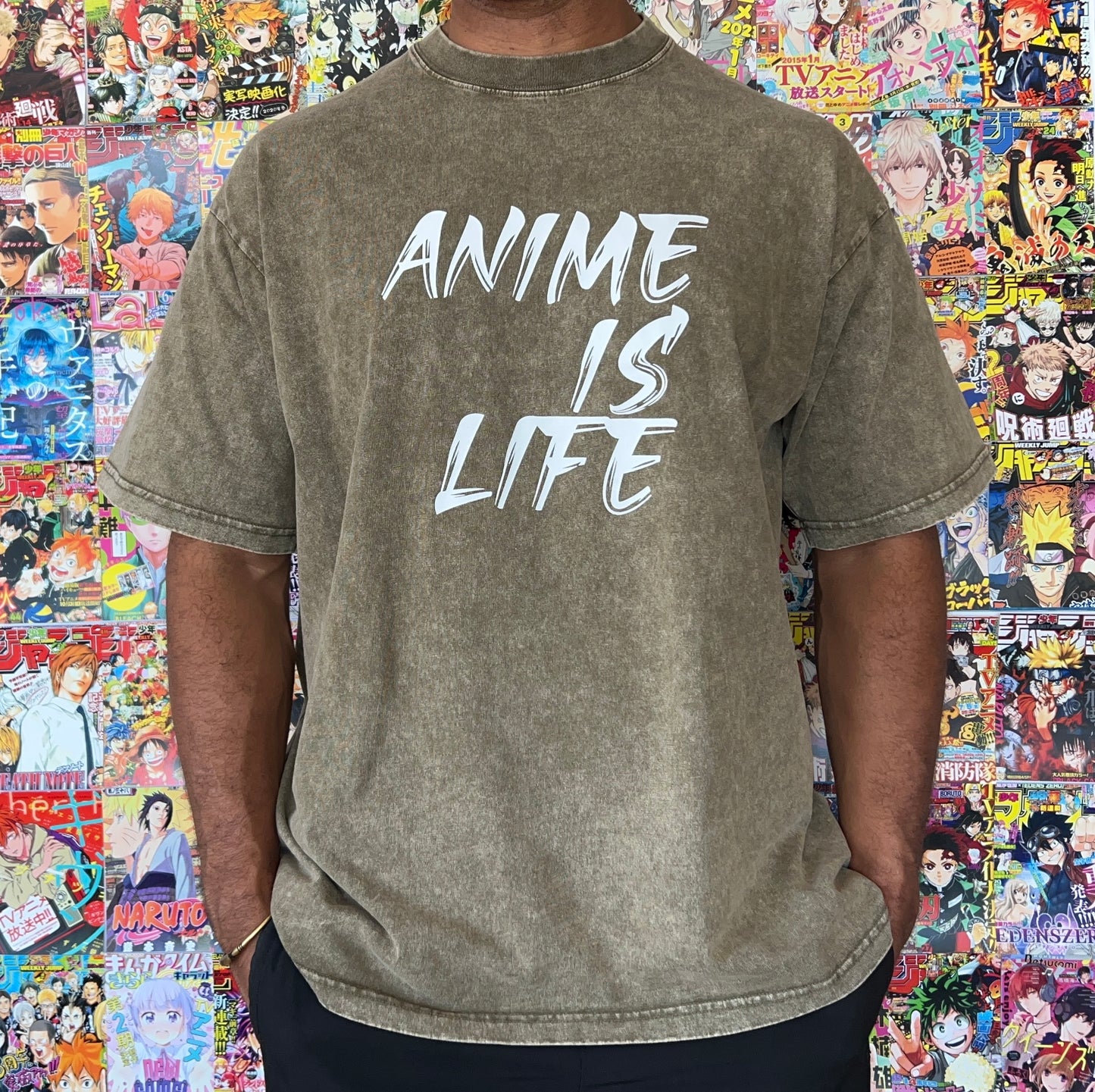ANIME IS LIFE Olive Acid Wash T-Shirt
