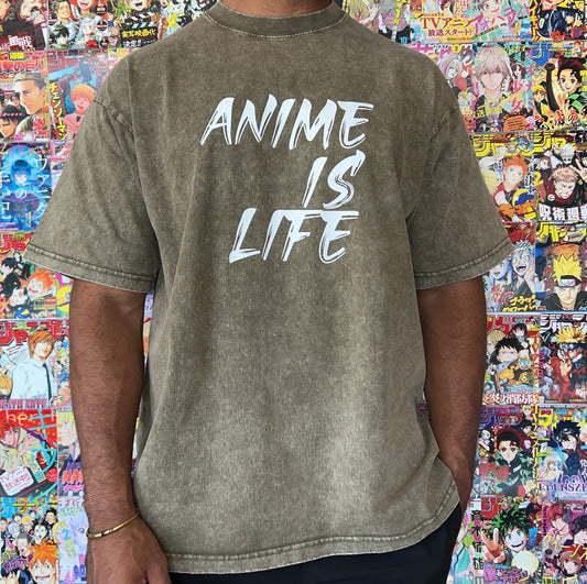 ANIME IS LIFE Olive Acid Wash T-Shirt