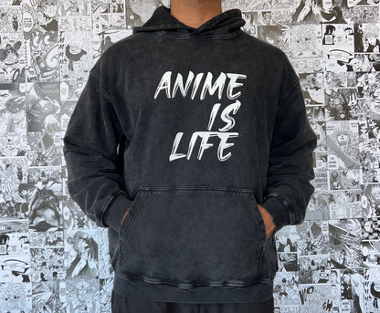 ANIME IS LIFE Black Acid Wash Hoodie