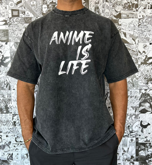 ANIME IS LIFE Black Acid Wash T-Shirt