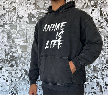 ANIME IS LIFE Black Acid Wash Hoodie