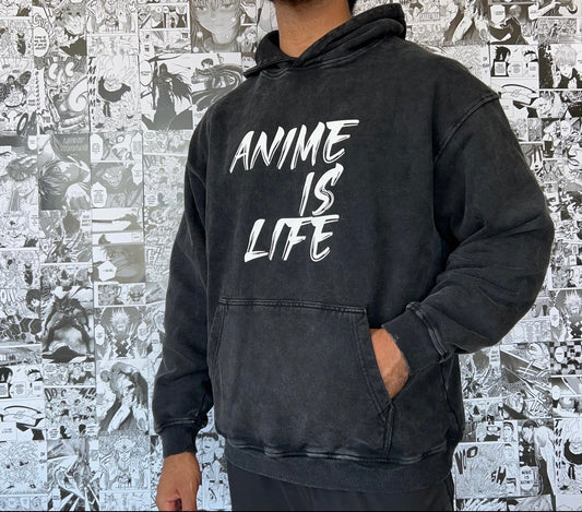 ANIME IS LIFE Black Acid Wash Hoodie